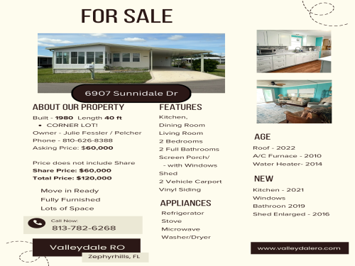 6907 Sunnidale Dr, Zephyrhills, Florida 33542, 0 , 0 ,0,Mobile Home,For Sale,Sunnidale Dr,0,1121