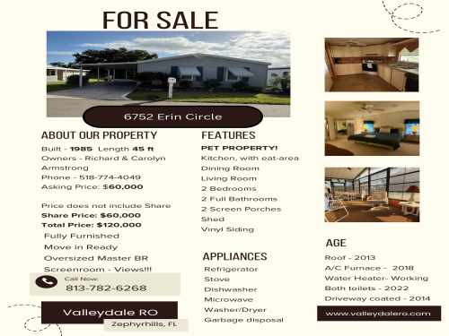 6752 Erin Circle, Zephyrhills, Florida 33542, 0 , 0 ,0,Mobile Home,For Sale,Erin Circle,0,1134